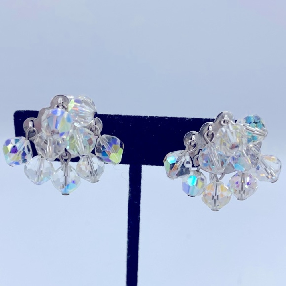 Vintage CORO ChaCha Aurora Borealis 1950s Clip On Earrings Silver Toned Signed